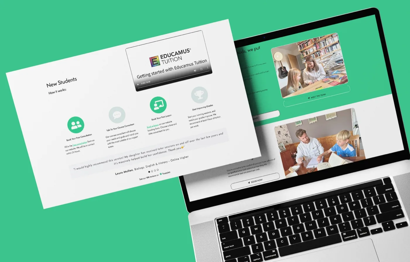The Educamus Tuition website built by Halizona, shown on a laptop beside its introduction video